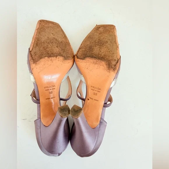 Prada Vintage Lilac Satin Snakeskin Trim Cutout Mary Jane T-Strap Heels EU38 - Picture 8 of 11